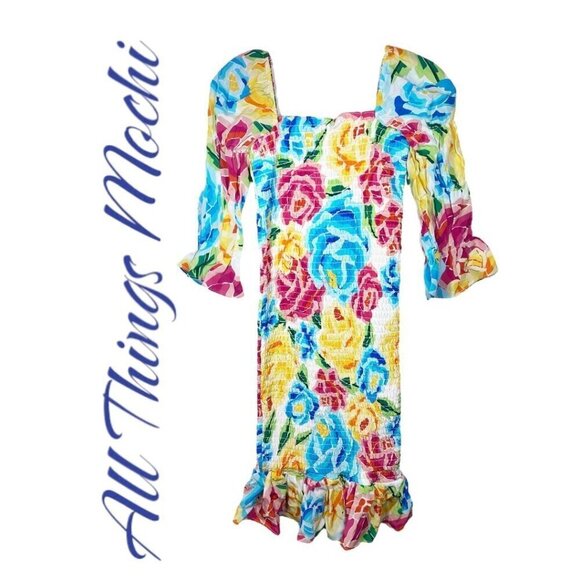 NWT ALL THINGS MOCHI Marianna Silk Smocked Bold Floral Ruffle Mini Dress, Small - Picture 2 of 9
